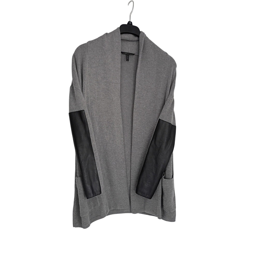 BCBGMAXAZRIA Gray Open Front Cardigan Faux Leather Sleeve Knit Sweater Fits S/M - Picture 2 of 10